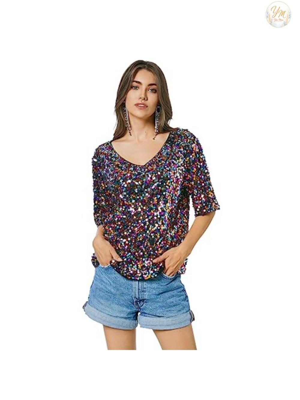 Sequin Tunic Top V Neck Half Sleeve Loose Fit Blouse Party Clubwear